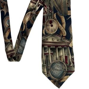 Vintage 100% Silk Tie Globe Architecture Dark Academia Nautical Print 90s EUC